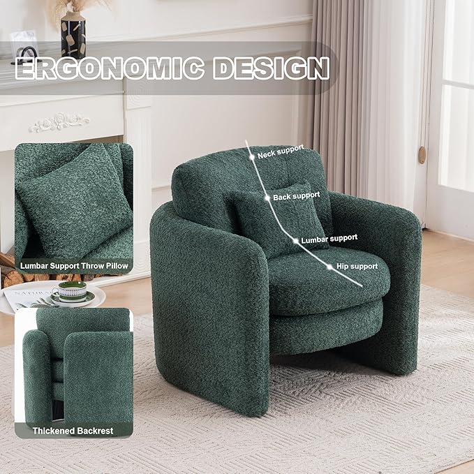 Chenille Accent Armchair Oversize Upholstered Barrel Comfy Modern Round Lounge Chair with Pillow Cozy Reading Chairs for Apartment,Office,Living Room,Dining,Makeup,Club,Green