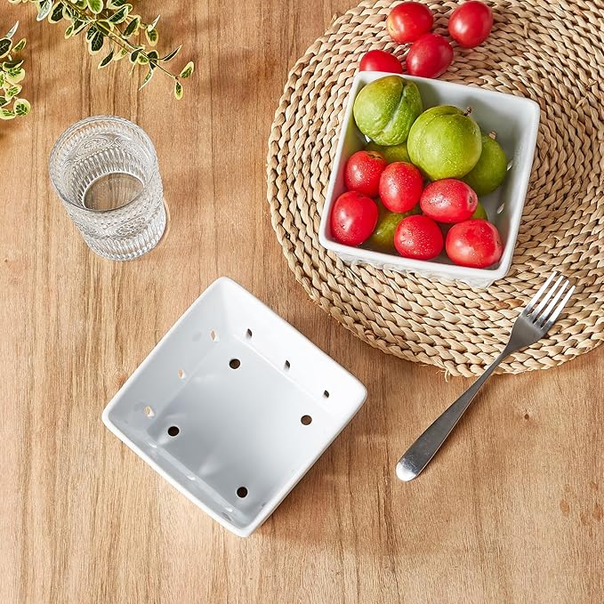 ONEMORE Berry Basket Ceramic Berry Bowls with Holes Square Fruit Bowl Berry Colander Containers for Fridge - 5.8" Fruit Basket for Kitchen Décor, Set of 2, White