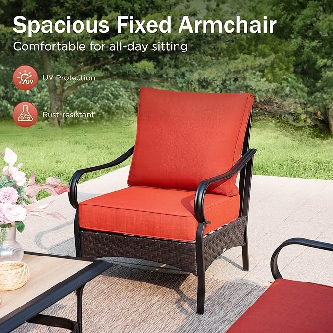 PHI VILLA Outdoor Modern Patio Furniture Set, Upgraded Wicker&Metal Patio Furniture Conversation Set with Waterproof Thick Cushions for Porch, Poolside, Deck, and Yard (4 Pieces,Red)