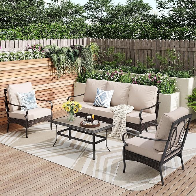 PHI VILLA Outdoor Modern Patio Furniture Set, Upgraded Wicker&Metal Patio Furniture Conversation Set with Waterproof Thick Cushions for Porch, Poolside, Deck, and Yard (4 Pieces,Beige)