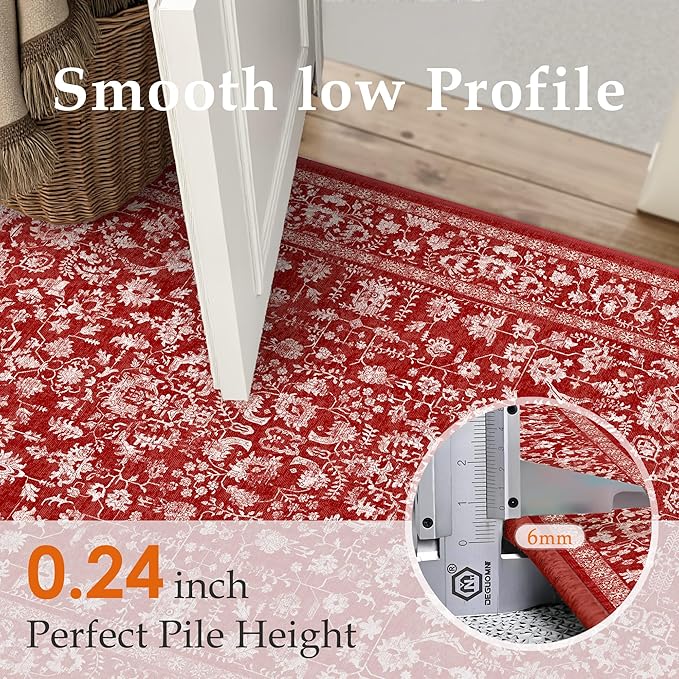 Christmas Area Rug 4x6 Red Washable Office Carpet Holiday Door Mat Vintage Low Pile Distressed Retro Floral Throw Non Slip Soft Decorative Xmas Rug for Entryway Kitchen Bedroom Bathroom