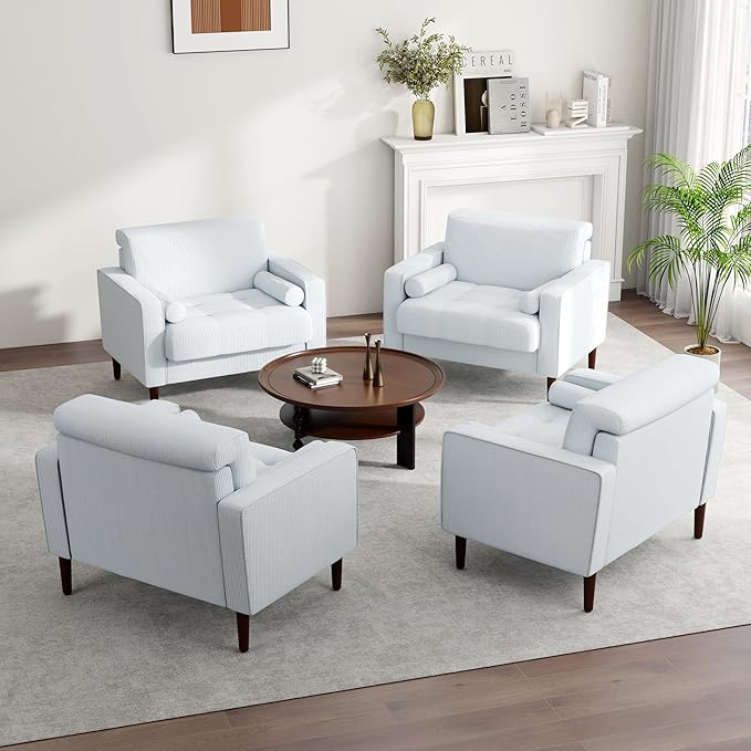 UIXE Corduroy Accent Chairs Set of 2, Modern Upholstered Living Room Arm Chair Comfy Bedroom Reading Armchair with Bolster Pillows, Mid-Century Track Armrest Tufted Single Sofa Seat (Beige)