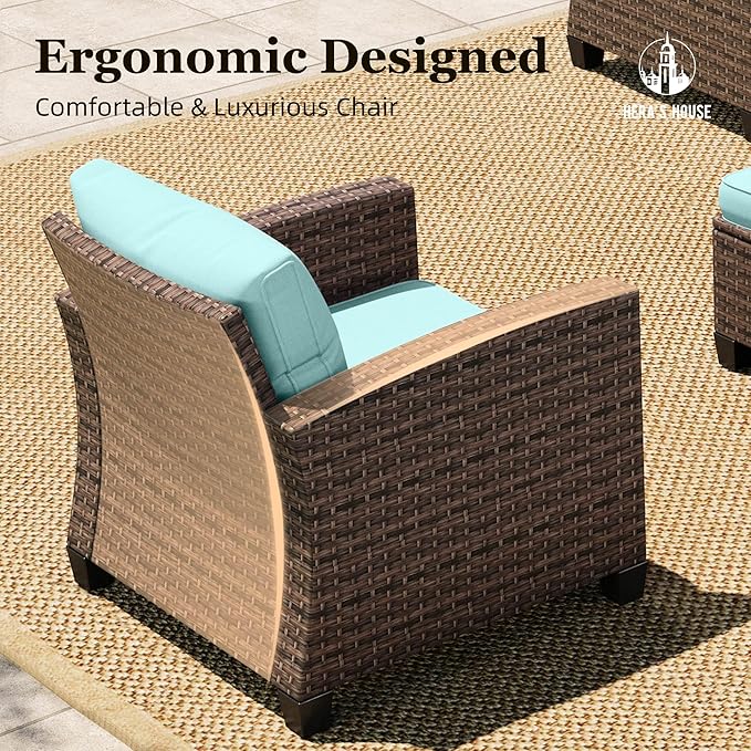 HERA'S HOUSE 5 Pieces Wicker Patio Furniture Outdoor Furniture Set, 7 Seats Patio Conversation Sofa Sets for Lawn Deck Backyard, Blue