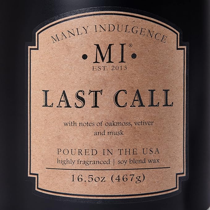 Manly Indulgence Last Call Scented Candles for Men, 2 Wick, 16.5 oz, Premium Soy Blend Wax, 60H Burn, Candles for Home Scented - Made in The USA