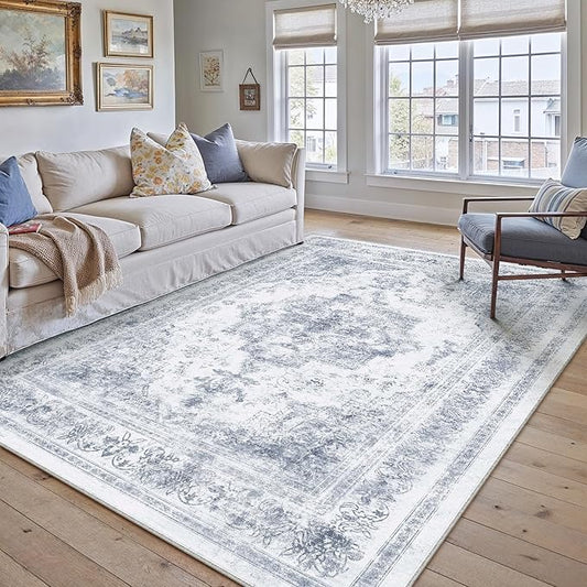 Area Rug 5x7 Washable Blue Rug Vintage Boho Medallion Large Distressed Retro Carpet for Living Room Non Slip Indoor Low Pile Small Soft Bedroom Dining Room Home Office