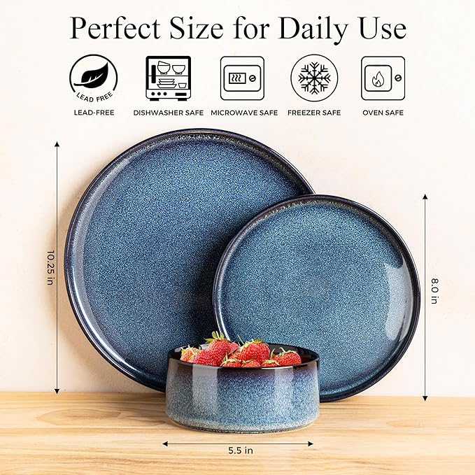 LERATIO Ceramic Dinnerware Sets for 4,Round Reactive Glaze Ceramic Plates and Bowls Set,Highly Chip and Crack Resistant | Dishwasher & Microwave Safe Dishes Set,Service for 4 (12pc)-Blue