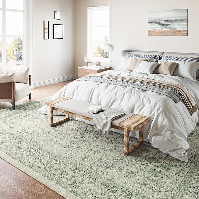 Sage Green Area Rug 6x9 Living Room Washable Carpet Vintage Distressed Non Slip Bedroom Carpet Neutral Low Pile Retro Floral Farmhouse Large Rug Home Office Dining Room Playroom