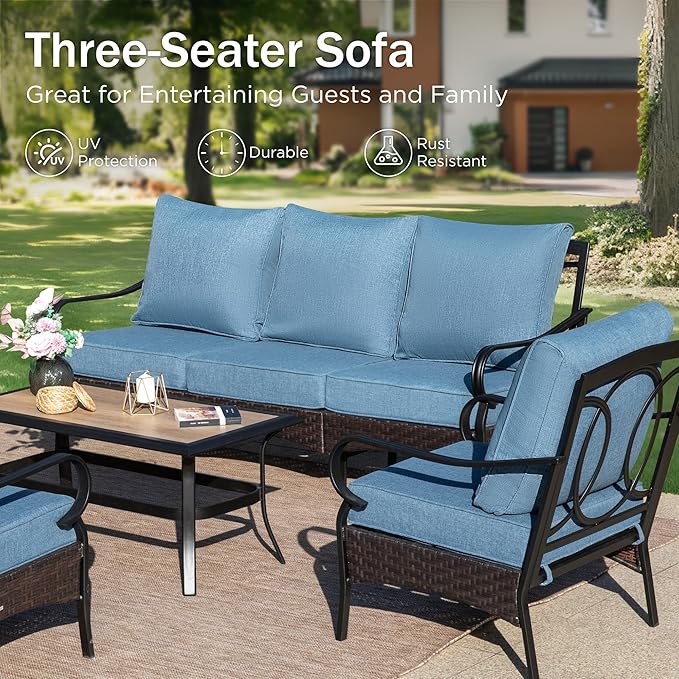 PHI VILLA Outdoor Patio Furniture Set, Upgraded Wicker&Metal Patio Conversation Set with Waterproof Thick Cushions for Porch, Poolside, Deck, and Yard (4 Pieces,Navy)