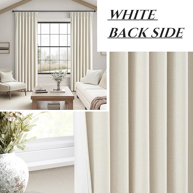 Warm Cream Insulated Thermal Textured Pinch Pleated Cafe Short Curtains 45 Inch Length,Blackout Drapes Flax Linen 2 Panels Set Bathroom/Basement/Kitchen Curtain for Small Half Window Light Beige