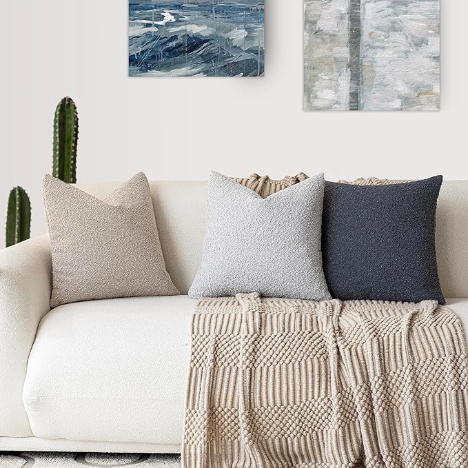 Foindtower Set of 2, Decorative Textured Boucle Throw Pillow Covers Accent Solid Pillow Cases Neutral Soft Cozy Couch Cushion Case for Chair Sofa Bedroom Living Room Home Decor 24 x 24 Inch Light Grey