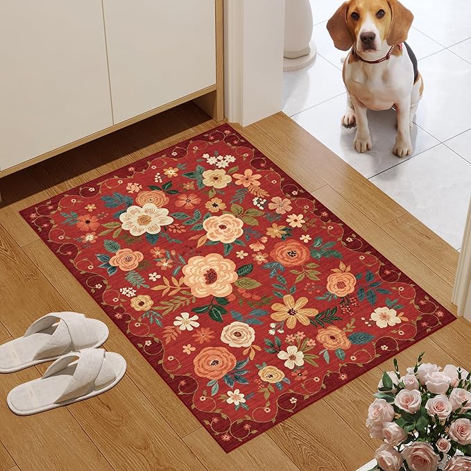 DUKINO 2x3 Rugs for Entryway, Floral Indoor Washable Door Mat, Non Slip Boho Small Rug for Kitchen, Soft Low Pile Front Door Throw Rug for Entrance, Bedroom, Kitchen, Laundry, Bathroom, Red