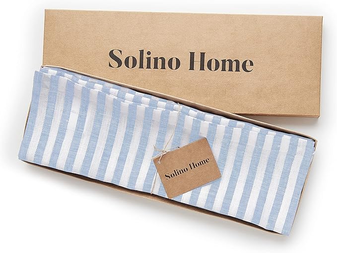 Solino Home Linen Placemats Set of 4 - Amalfi Stripe Sky Blue and White Placemats 14 x 19 Inch - 100% Pure Linen Place Mats for Christmas, Holiday