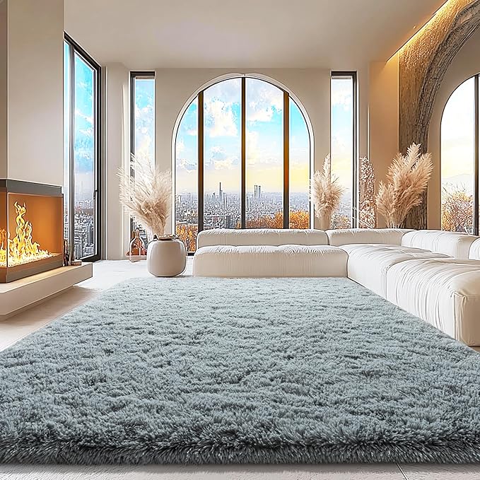 9x12 Area Rugs for Living Room, Grey Fluffy Shaggy Rug Soft Carpets, Big Rugs for Bedroom Nursery Kids Room Dorm Home Decor Aesthetic
