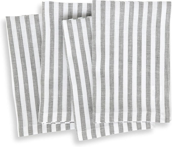 Solino Home Linen Napkins Set of 4-100% Pure Linen Amalfi Stripe Grey and White Cloth Dinner Napkins 20 x 20 Inch for Fall, Autumn - Handcrafted and Machine Washable