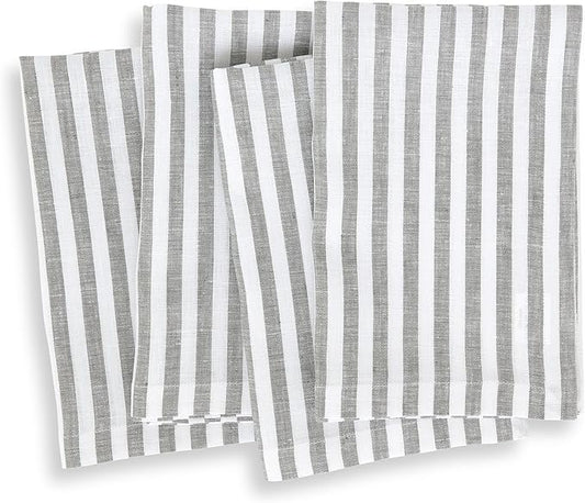 Solino Home Linen Napkins Set of 4-100% Pure Linen Amalfi Stripe Grey and White Cloth Dinner Napkins 20 x 20 Inch for Fall, Autumn - Handcrafted and Machine Washable
