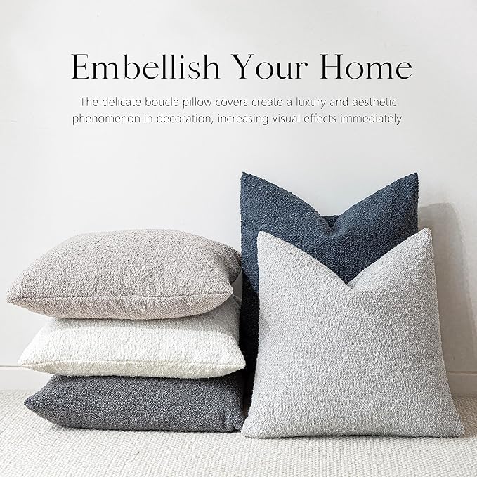 Foindtower Set of 2, Decorative Textured Boucle Throw Pillow Covers Accent Solid Pillow Cases Neutral Soft Cozy Couch Cushion Case for Chair Sofa Bedroom Living Room Home Decor 24 x 24 Inch Light Grey