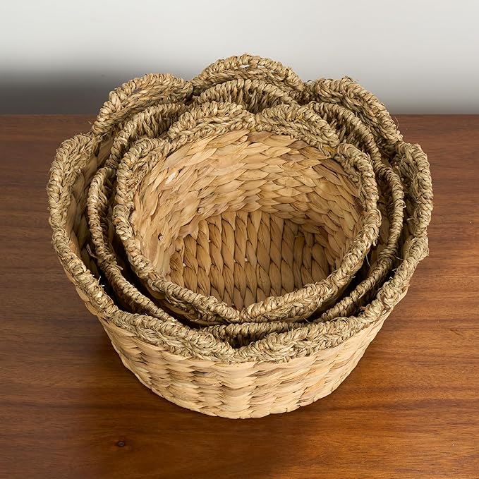 Isidore Water Hyacinth Storage Baskets, Round Woven Set of 3, Natural Brown, Multi-Use for Kitchen and Bathroom