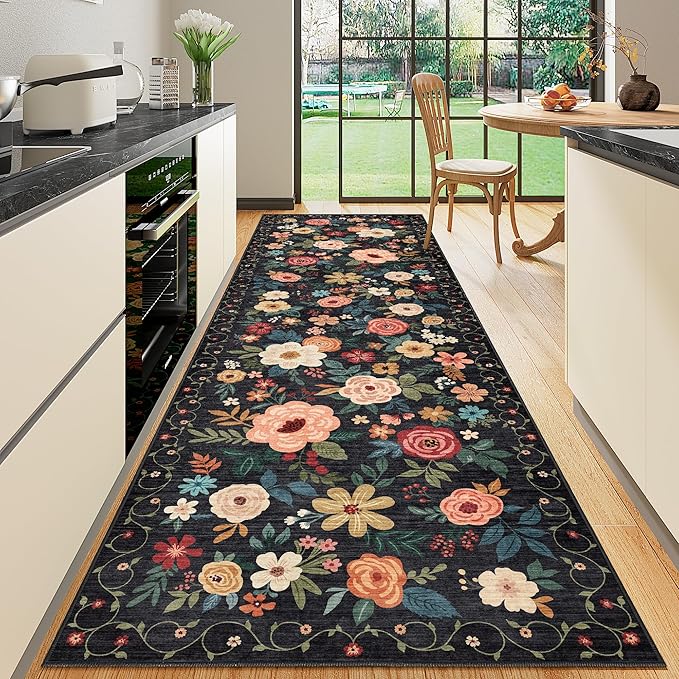 DUKINO Runner Rug, 2x10 Kitchen Runner Rug for Hallway with Non Slip Backing, Washable Low Pile Soft Boho Floral Carpet for Kitchen, Entryway, Hallway, Laundry, Bedroom, Black