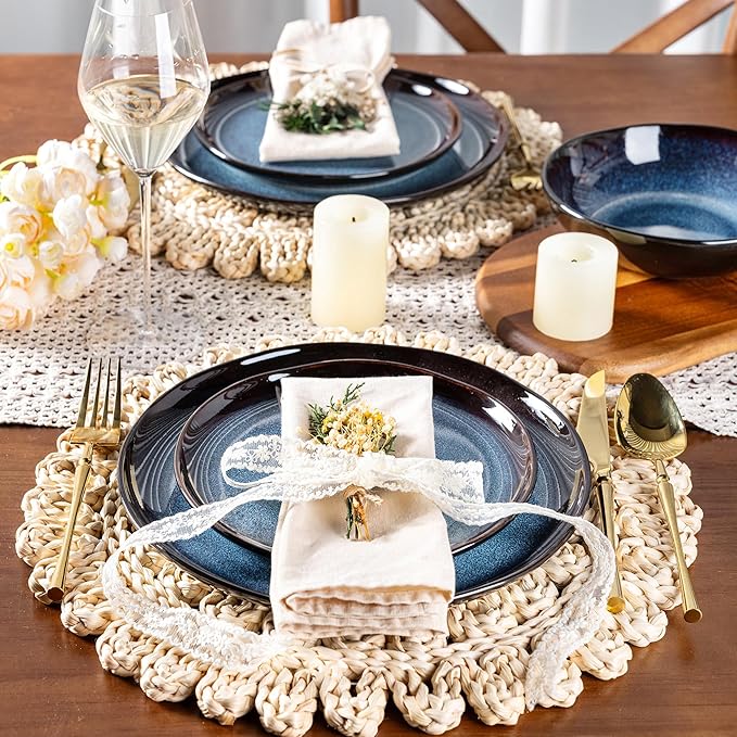 LeRatio Ceramic Dinnerware Sets for 4,Wavy Reactive Glaze Stoneware Plates and Bowls Sets,Highly Scratch Resistant | Dishwasher & Microwave,Oven Safe Dishes Set(12PCS)