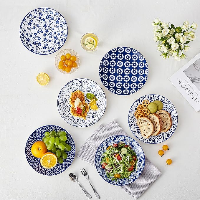 vancasso Ceramic Salad Plates Set of 6, Small Vintage 8.25 Inch Plate Set of 6 for Kitchen, Porcelain Blue and White Dessert Plates for Kitchen, Microwave Oven Dishwasher Safe, Vintage Gift