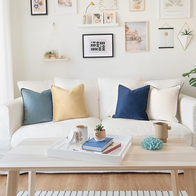 MONDAY MOOSE Decorative Throw Pillow Covers Cushion Cases, Set of 4 Soft Velvet Modern Double-Sided Designs, Mix and Match for Home Decor, Pillow Inserts Not Included (20x20 inch, Blue/Beige)