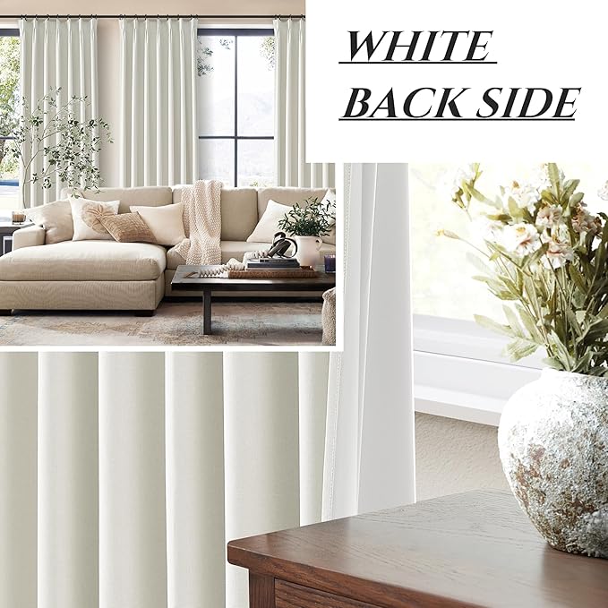 Elegant Curtains for Living Room 102 Inch Long, Linen Pinch Pleated 100% Blackout Viral Window Curtains with Hooks for Bedroom Thermal Pleated Drapes for Nursery Beige White(40" Wx102 Lx2 Panels)