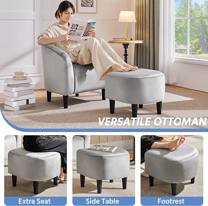 Yaheetech Accent Chair with Foot Rest, Mid Century Modern Upholstered Soft Barrel Chair Comfy Fabric Armchair and Footrest Set for Living Room/Bedroom/Reading Room, Gray, 2pcs