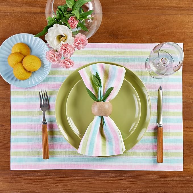 Solino Home Linen Cloth Placemats Set of 4-100% Pure Linen Multicolor Palm Beach Stripe Farmhouse Placemats 14 x 19 Inch