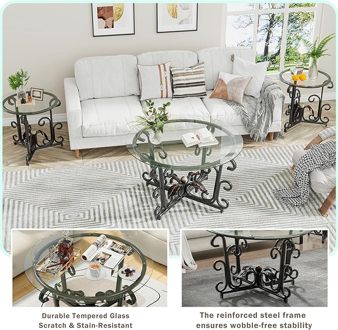 Tempered-Glass Nesting Coffee Table Set of 3 ，Black 31.5" Round Coffee Table and 2pcs Round Small Side Tables，Small-Space Friendl Modern Apartment Coffee Tables for Living Room