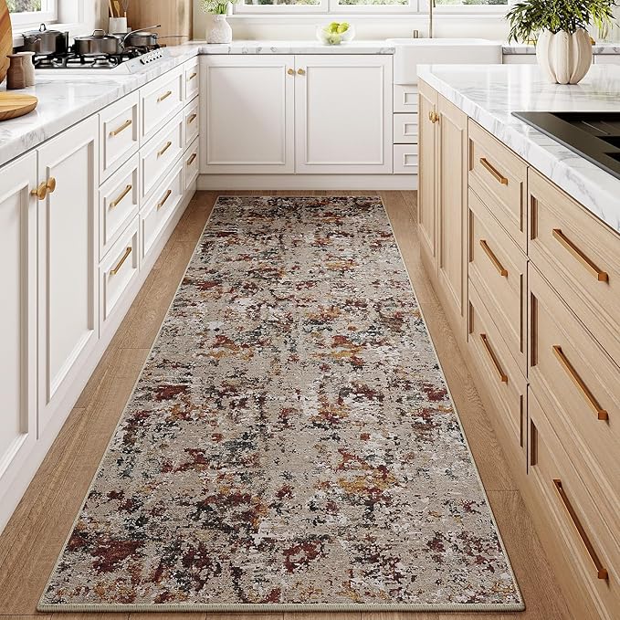 Modern Brown Runner Rug 2x6 Washable Hallway Red Brown Multi Bedroom Carpet Non Slip Kitchen Indoor Accent Neutral Abstract Distressed Throw Rug Dining Laundry Living Room Bathroom