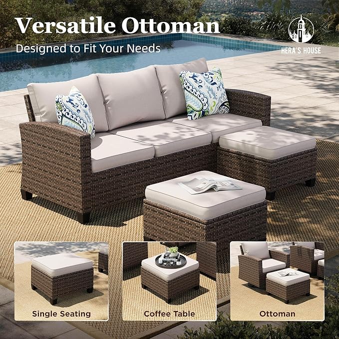 HERA'S HOUSE Patio Furniture Set, 5 Pieces Outdoor Wicker Furniture, All Weather Rattan Patio Conversation Set for Lawn Deck Backyard, Brown/Beige