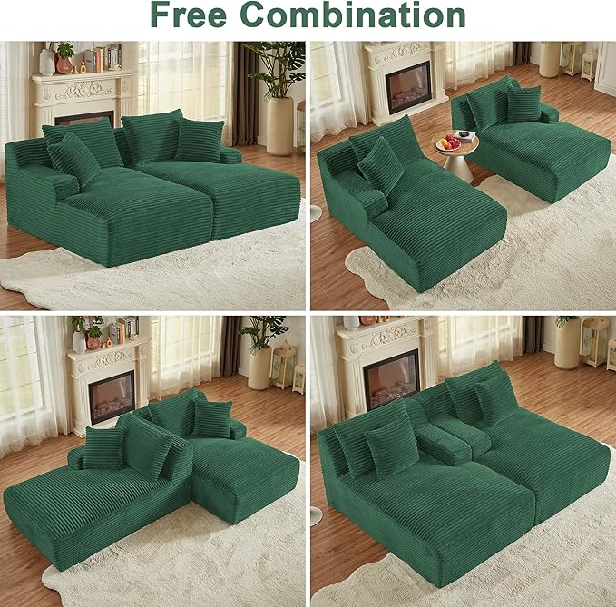 GNIXUU 78.8" Oversized Double Chaise Lounges Indoor, 2 Pieces Comfy Corduroy Chaise Lounge Chair Cloud Boneless Couch, Fluffy Upholstered Sleeper Loveseat Bed for Living Room Bedroom Reading(Green)