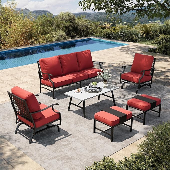 HERA'S HOUSE 6 Piece Patio Furniture Set, 2 x Rocking Cushioned Chair, 2 x Cushioned Ottoman, 1 x 3-Seat Sofa with Marbling Coffee Table, Outdoor Conversation Set for Lawn Garden Backyard, Red
