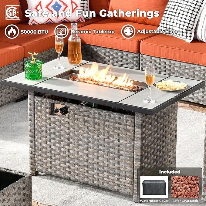 ovios 9 Pieces Patio Furniture Set, Outdoor Wicker Sectional Sofa with 42" Fire Pit Table Swivel Chair, Modern Modular Deep Seat Rattan Couch Conversation Sets, Orange Red