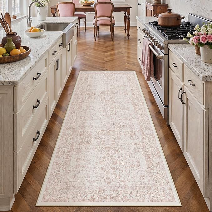 Pink Runner Rug 2x5 Hallway Machine Washable Kitchen Vintage Distressed Non Slip Long Carpet Indoor Retro Floral Bedroom Accent Throw Rug for Bathroom Office Laundry Dining Room