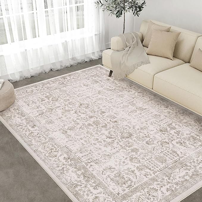 Light Brown Area Rug 4x5 Office Entryway Rug Machine Washable Kitchen Vintage Distressed Non Slip Carpet Indoor Retro Floral Accent Throw Door Mat for Bathroom Bedroom Dining Living Room