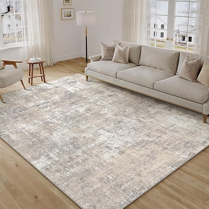 Machine Washable Area Rug 5x7 Beige Gray Large Living Room Indoor Accent Rug Neutral Modern Abstract Low Pile Carpet Non Slip Distressed Throw Rug Bedroom Office Dining Room Kitchen Laundry