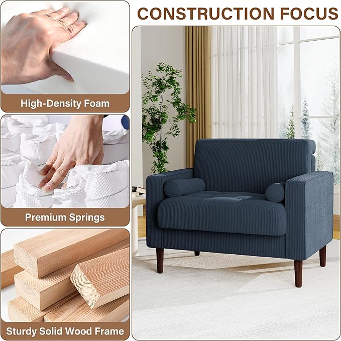 UIXE Accent Chair Corduroy Fabric Upholstered Armchair for Living Room, Mid-Century Modern Arm Chair Comfy Single Sofa Bedroom Side Reading Seat - Navy Blue