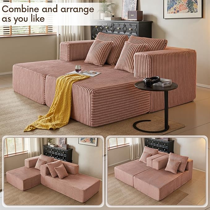 82" Oversized Chaise Lounge Chair, Corduroy Upholstered Sleeper Sofa with 4 Throw Pillows and Wide Armrest for Living Room, No Assembly Required Loveseat Couch, Pink