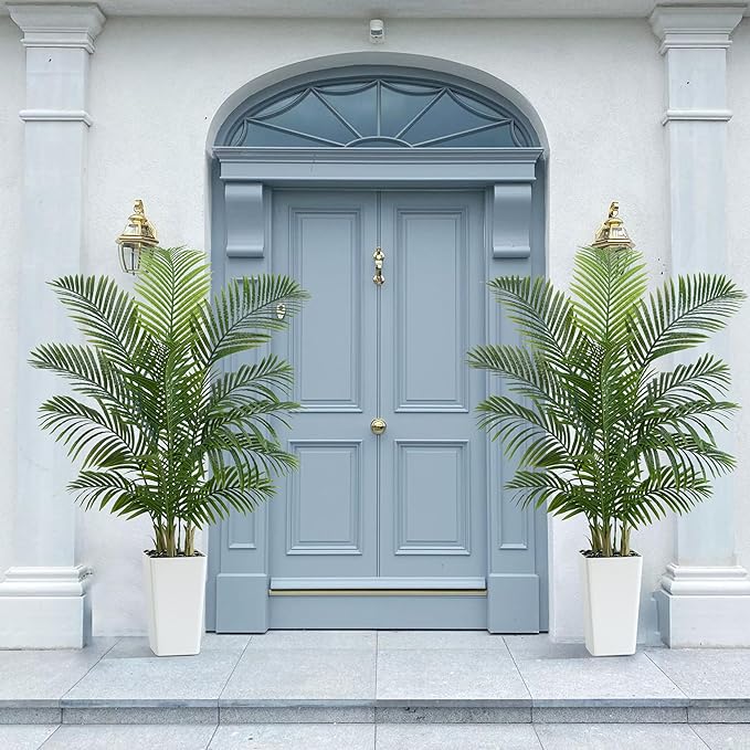 Artificial Palm Tree：5FT Tropical Fake Silk Plant UV Resistant Faux Areca Palm with White Planter & Black Pebbles for Home Office Living Room Decor Indoor Patio Porch Balcony (5FT,1-Pack,White)