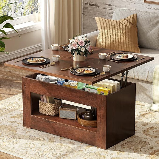 40" Lift Top Coffee Table, 4 in 1 Multi-Function Lift Coffee Table with Storage and Hidden Compartment, Convertible Coffee Tables to Dining Table for Living Room, Walnut