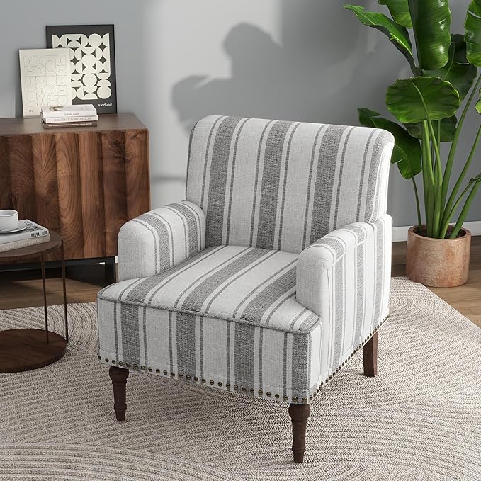 Lumibee Modern Accent Chair with Arms,Mid Century Stripe Armchair for Living Room,Comfy Linen Fabric Single Sofa for Apartment Bedroom,Comfortable Cushioned Seat for Reading Home Office-Gray Stripe