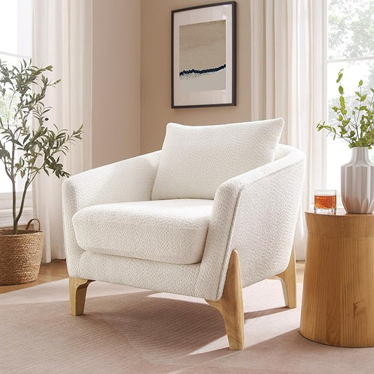 Accent Chair 31" Oversized Reading Chair Comfy Upholstered Boucle Lounge Armchair, Modern Living Room Chair with Back Pillow,Single Sofa Chair for Bedroom, Office (Beige)
