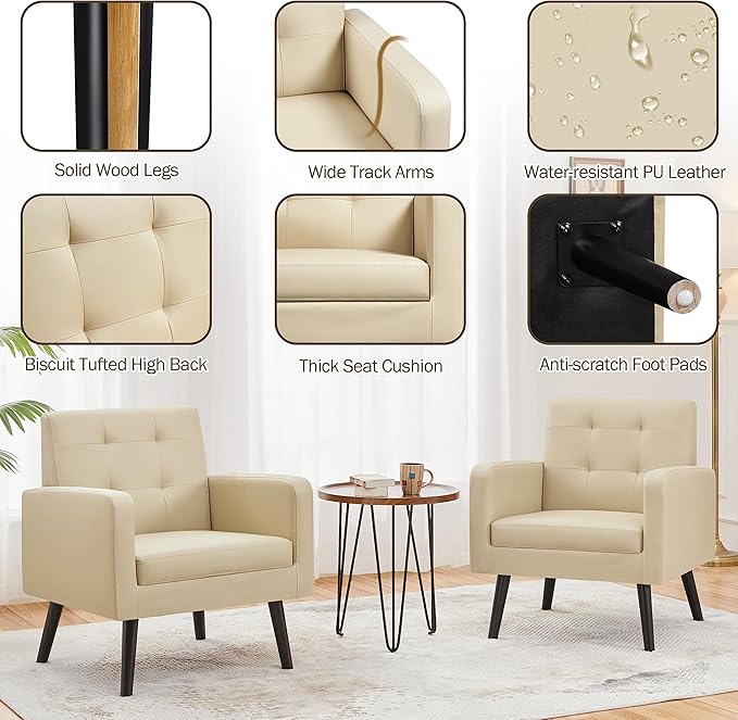 Yaheetech Mid-Century Accent Chairs, PU Leather Modern Upholstered Living Room Chair, Cozy Armchair Button Tufted Back and Wood Legs for Bedroom/Office/Cafe Beige