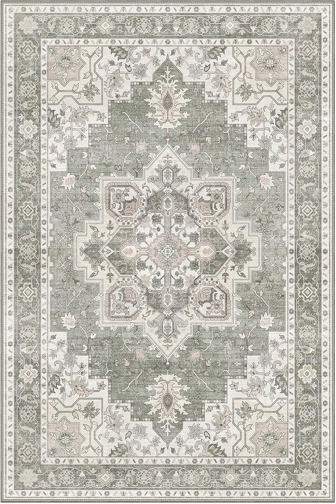 GENIMO 9x12 Area Rugs for Living Room, Non Slip Machine Washable Vintage Rugs, Low Pile Lightweight Chenille Print Large Rug for Bedroom, Dining Room, Home Office, Moonlight