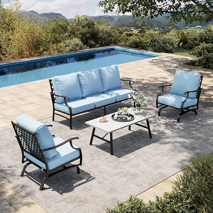 HERA'S HOUSE 4 Piece Patio Furniture Set, 2 x Rocking Metal Frame Cushioned Chair, 3-Seat Sofa with Marbling Coffee Table, All Weather Outdoor Conversation Set for Lawn Garden Backyard, Blue