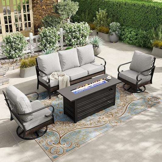 HERA'S HOUSE 4 Piece Patio Furniture Set with 56" Fire Pit Table, 2 x Swivel Cushioned Chair, 1 x 3-Seat Sofa, 5-Seats Outdoor Conversation Set for Lawn Garden Deck, Light Grey