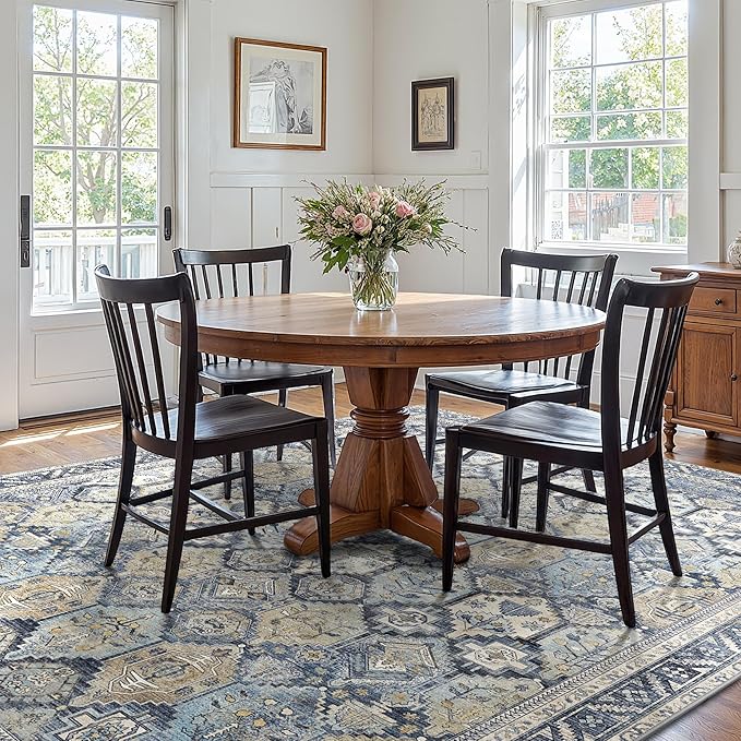 GENIMO 6x9 Area Rugs for Living Room, Machine Washable Non Slip Vintage Rugs, Low Pile Lightweight Chenille Print Rug for Bedroom, Dining Room, Home Office, Brown Blue