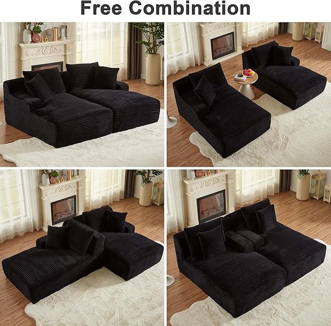 GNIXUU 78.8" Oversized Double Boneless Chaise Lounges Sofa Indoor, Comfy Modern Corduroy Compressed Cloud Couch, Upholstered Sleeper Loveseat Bed for Living Room Bedroom Apartment(Black)