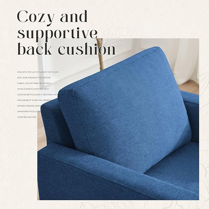 Mid-Century Accent Chair,Modern Linen Fabric Armchair for Living Room,Comfy Upholstered Reading Accent Chairs for Bedroom,Single Sofa Chair with Wood Legs (Blue, 2 Pack)
